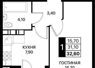 1-комнатная квартира на продажу, 32.6 м2, Ростов-на-Дону