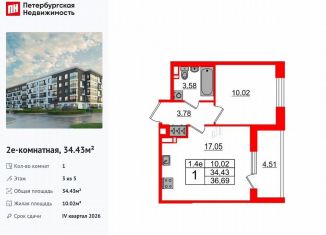 1-ком. квартира на продажу, 34.4 м2, Санкт-Петербург, муниципальный округ Пулковский Меридиан