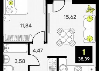 Продаю 1-комнатную квартиру, 38.4 м2, Тюмень, Калининский округ